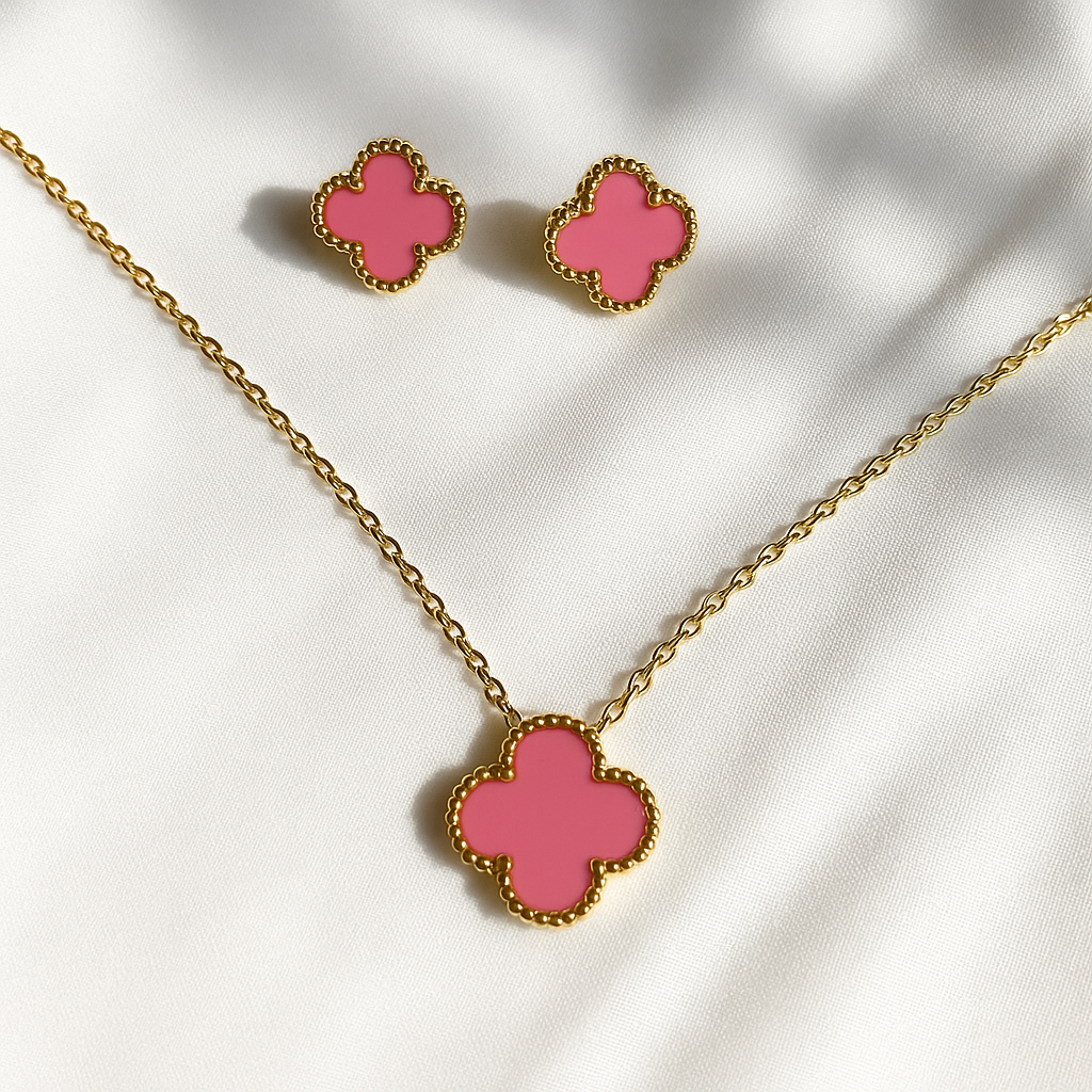 Shop clover charm necklace & earrings set - available in 4 stunning colors at Jewellery Lovers. Anti-tarnish, trendy & perfect for daily or festive wear. Free s jewellerylovers