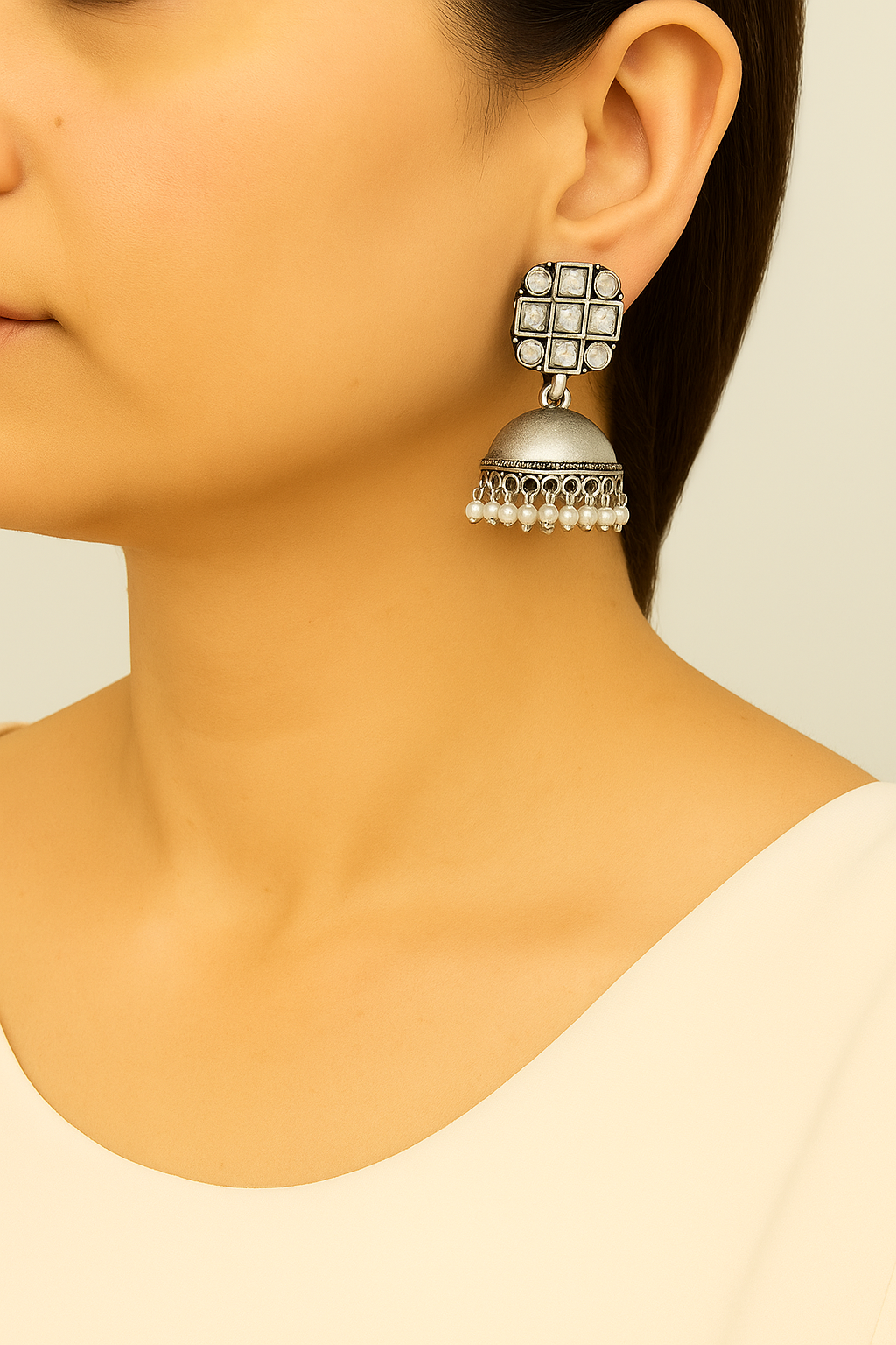 Shop vintage pearl oxidized jhumka - statement ethnic earrings at Jewellery Lovers. Anti-tarnish, trendy & perfect for daily or festive wear. Free shipping avai jewellerylovers