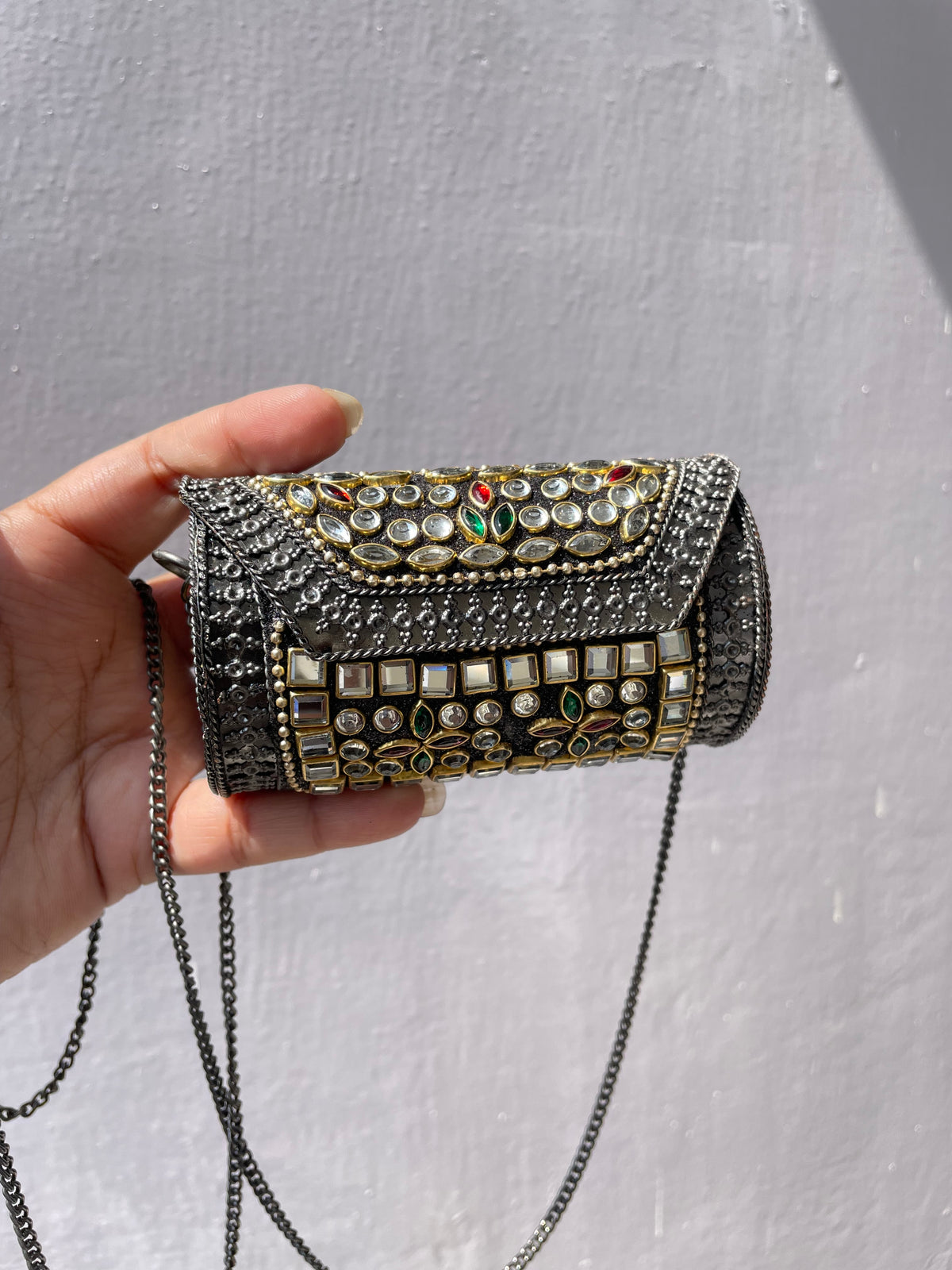 Kundan Stone work mini round Brass Sling Bag jewellerylovers