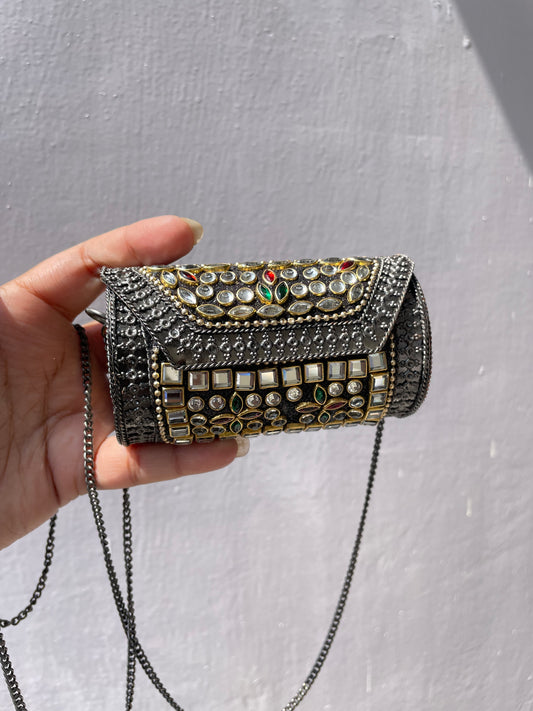 Kundan Stone work mini round Brass Sling Bag jewellerylovers