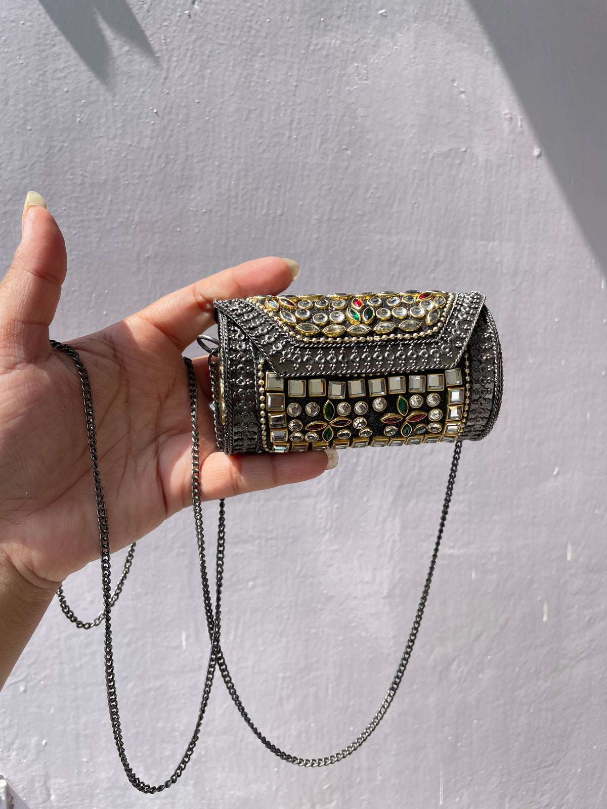 Kundan Stone work mini round Brass Sling Bag jewellerylovers