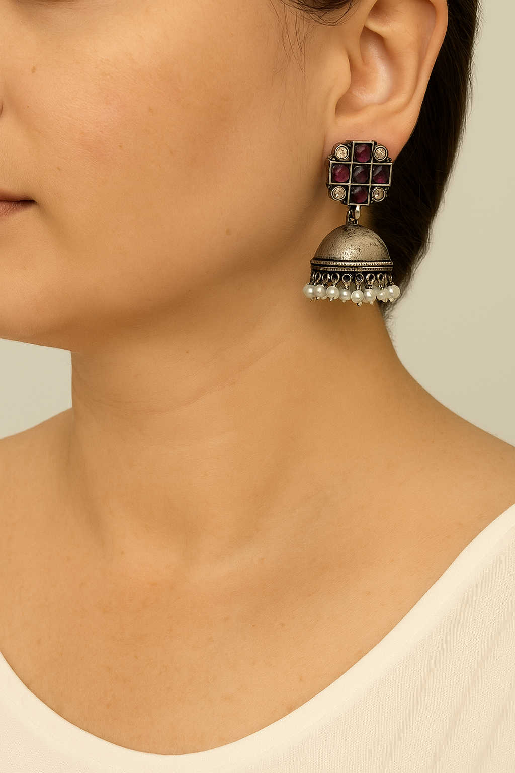 Shop vintage pearl oxidized jhumka - statement ethnic earrings at Jewellery Lovers. Anti-tarnish, trendy & perfect for daily or festive wear. Free shipping avai jewellerylovers