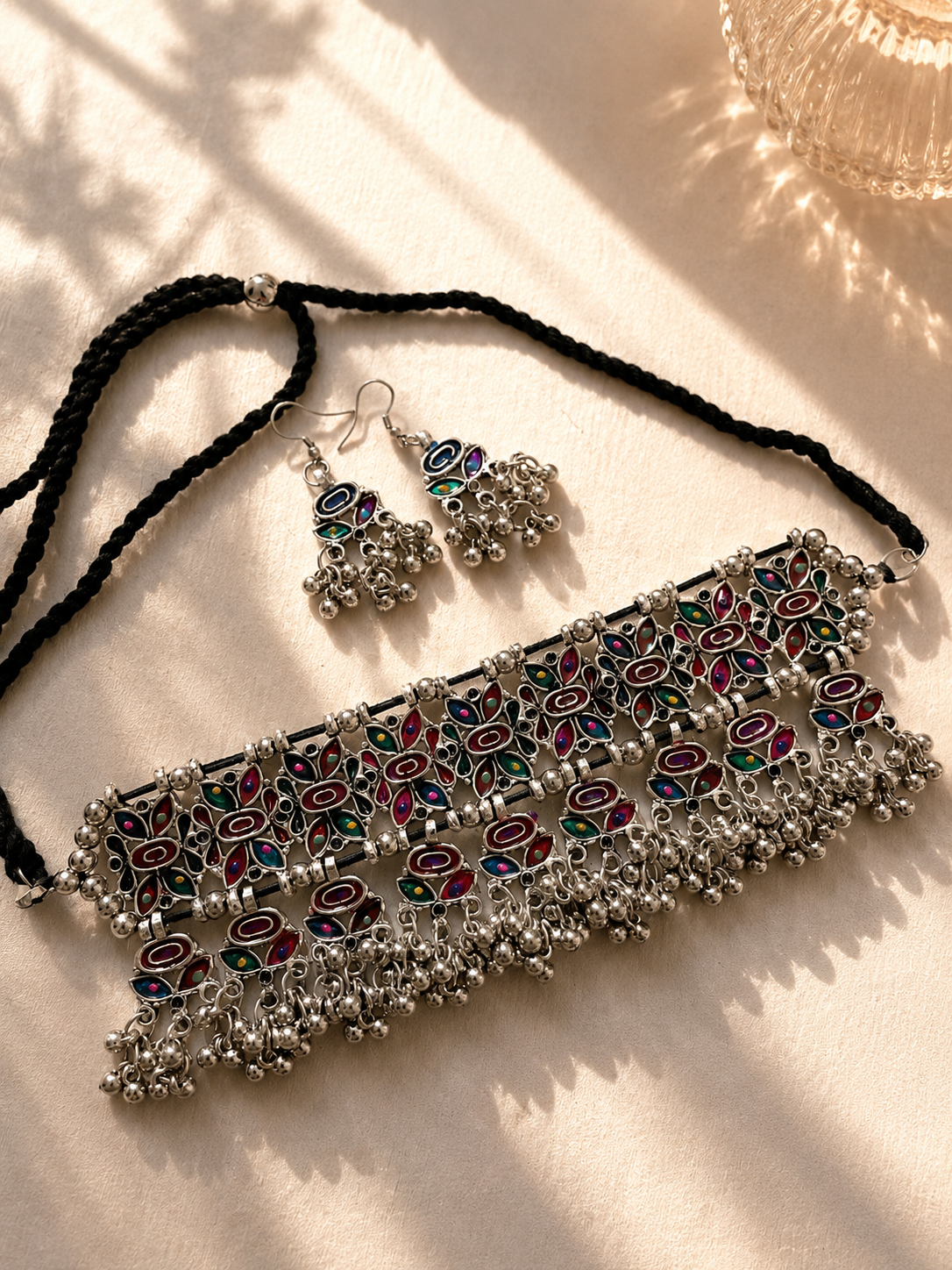 Multicolour afghani choker necklace with earrings jewellerylovers