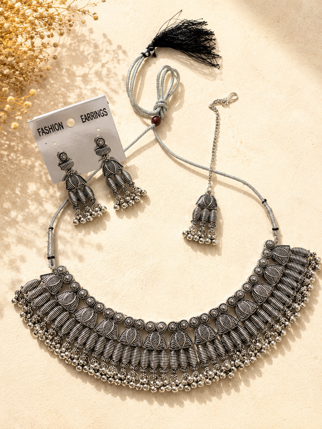 Silver choker necklace with earrings and maangteeka jewellerylovers