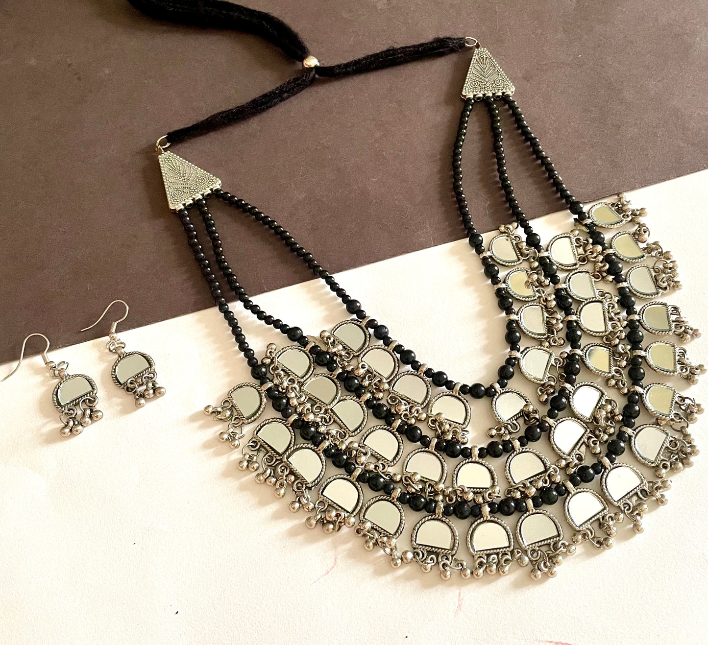 Mirror triple layer necklace with earrings jewellerylovers