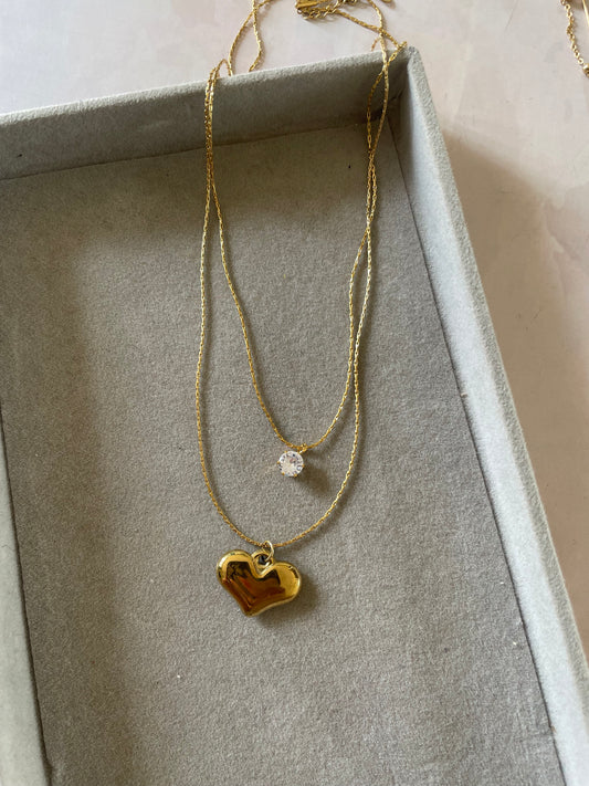 Double layer heart and stone necklace