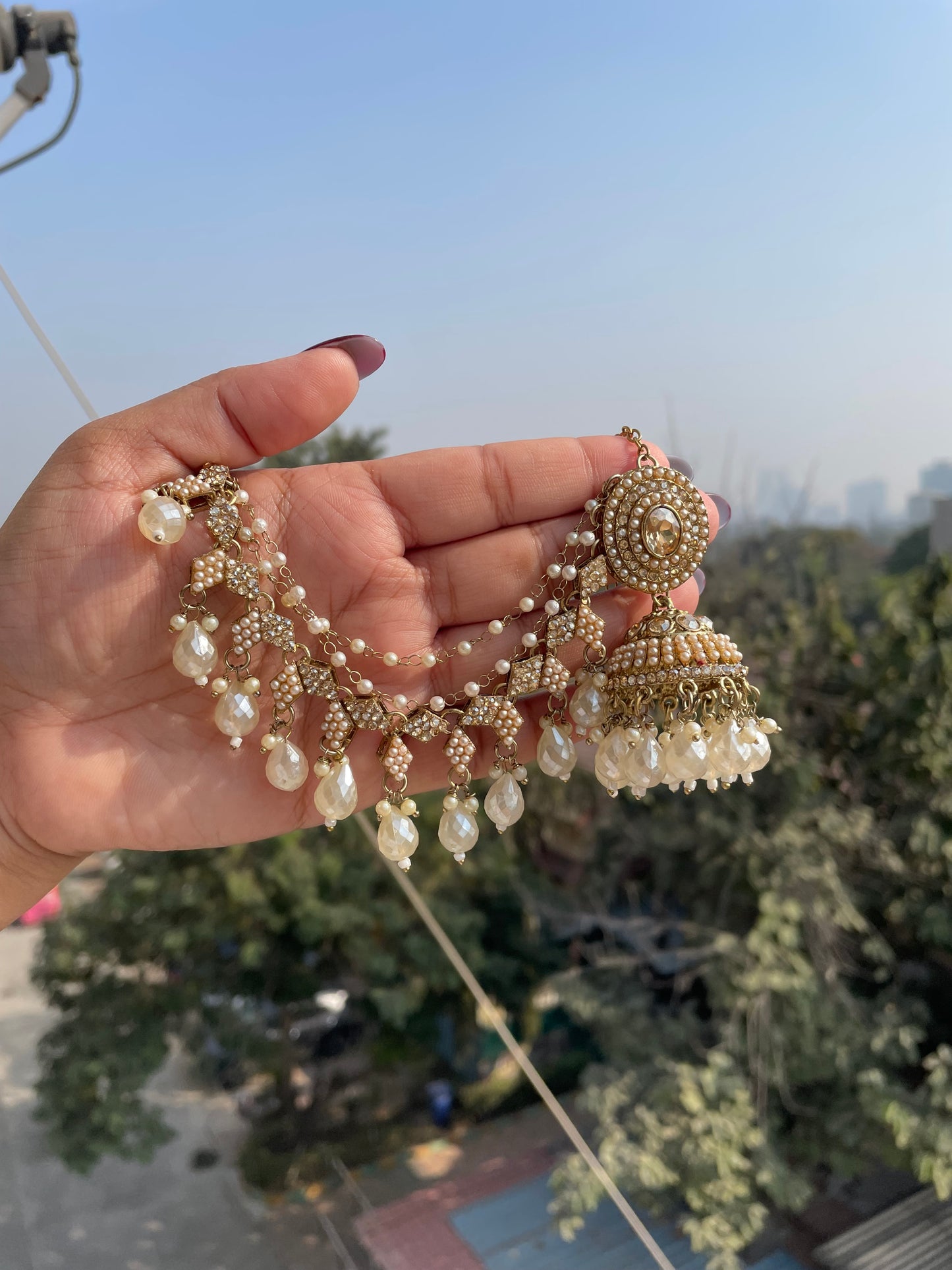 Golden jhumka with extension earchains jewellerylovers