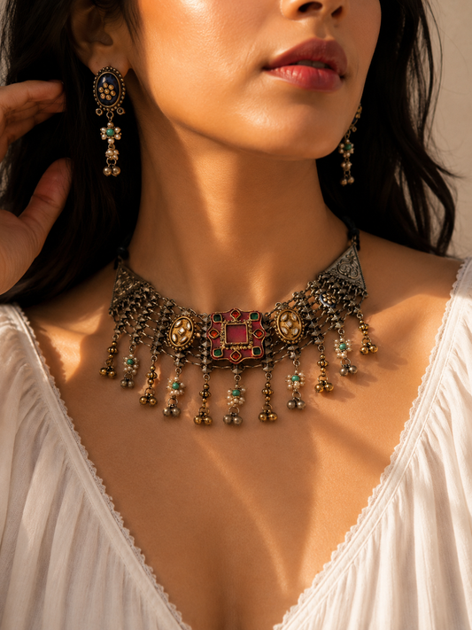Afghani choker necklace with earrings jewellerylovers