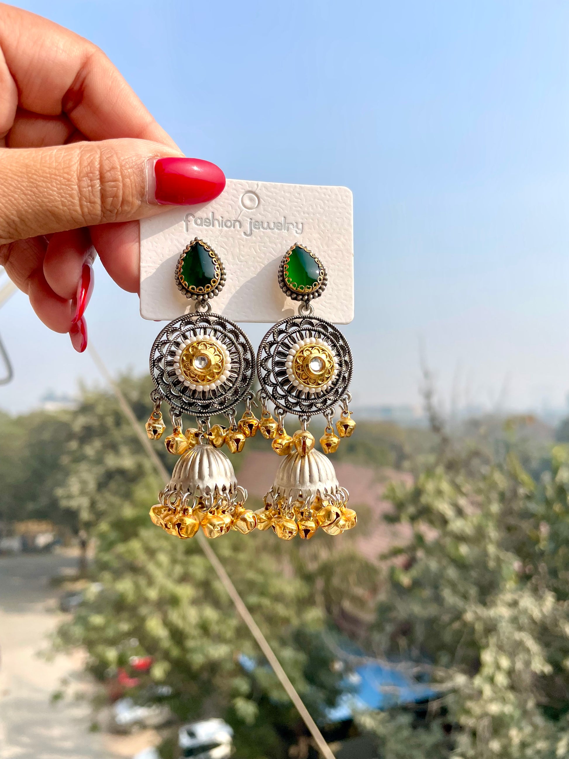 Green kashmiri dual shade jhumka jewellerylovers