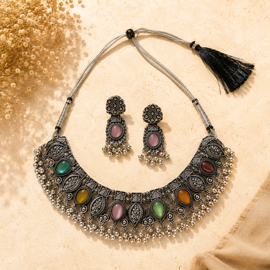 Multicolour silver choker necklace with earrings jewellerylovers