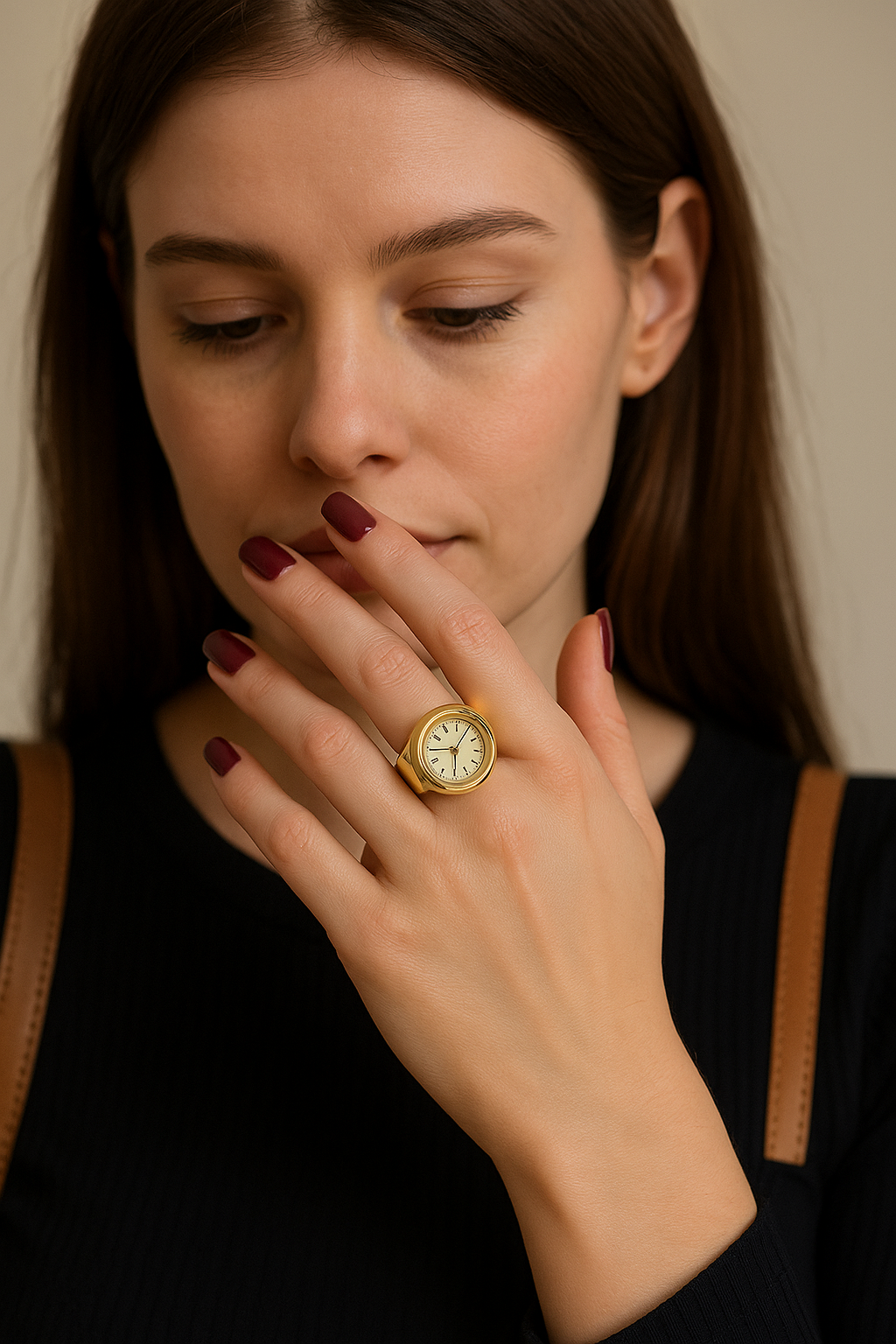 “Gold adjustable watch ring worn on finger – stylish 2-in-1 jewelry for women”